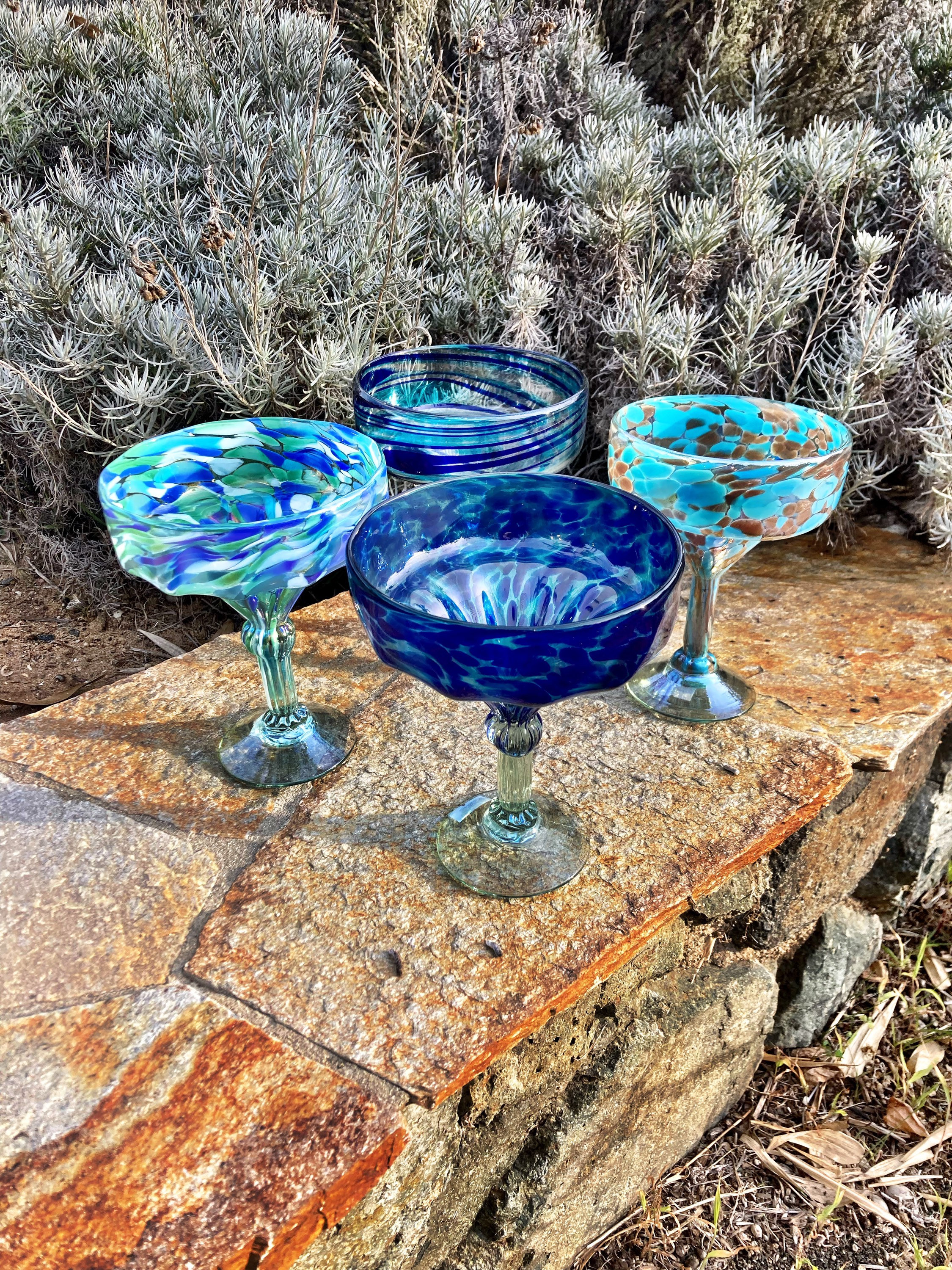 hand blown Mexican glass drinking glasses,set of 4 aqua band heavy