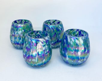 4 Stemless Wine Glasses -  Aegean Blue Iridescent