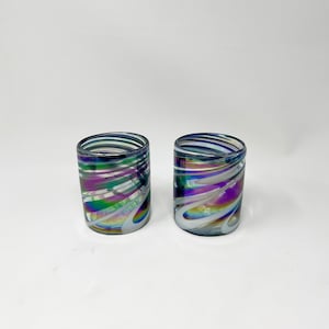 2 Low Ball Tumbler Glasses - Purple/White Iridescent Swirl