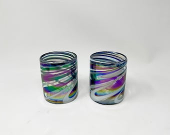 2 Low Ball Tumbler Glasses - Purple/White Iridescent Swirl