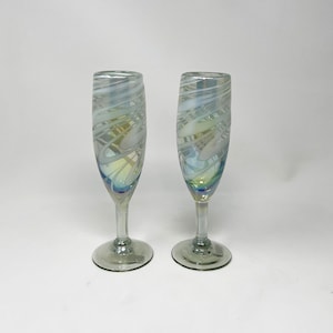 2 Hand Blown Champagne Glasses - White Iridescent Swirl