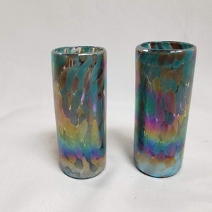 2 Hand Blown Shot Glasses - Blue Chocolate Iridescent Confetti