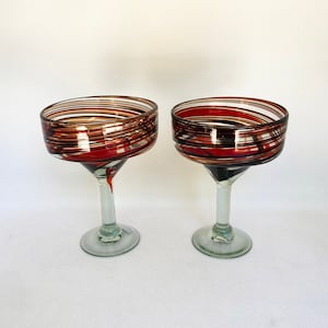 2 Hand Blown Margarita Glasses - Red/Chocolate Swirl