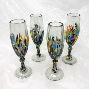 4 Hand Blown Champagne Glasses - Confetti Base