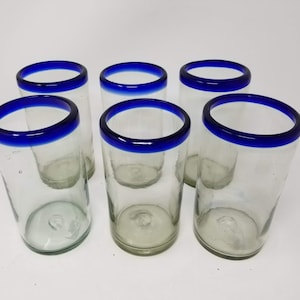 6 Hand Blown Water Glasses - Cobalt Blue Rim