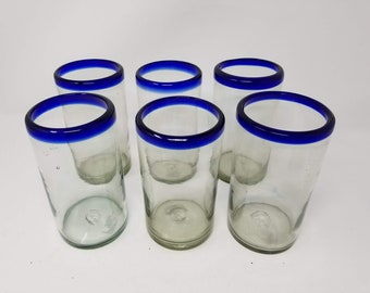 6 Hand Blown Water Glasses - Cobalt Blue Rim