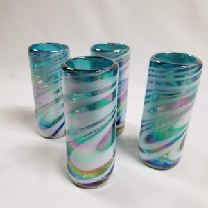 4 Hand Blown Shot Glasses - Turquoise/White Swirl