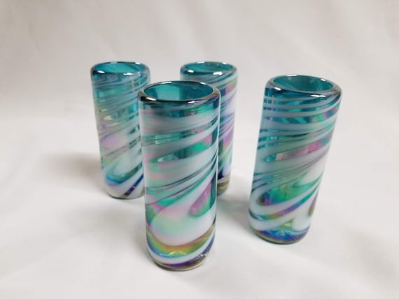手吹きショットグラス 4個 - ターコイズ/ホワイト渦巻き - Etsy 日本