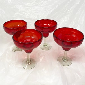 4 Hand Blown Margarita Glasses - Solid Red
