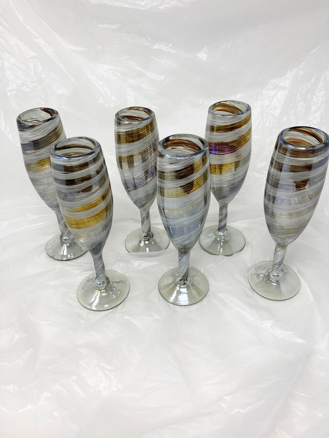 6 Hand Blown Champagne Glasses Gold/cream Swirl Etsy