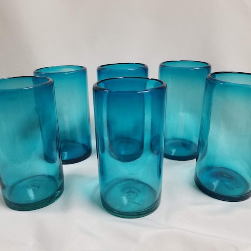 4 Hand Blown Water Glasses Solid Turquoise Etsy