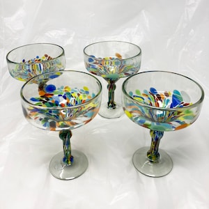 4 Hand Blown Margarita Glasses - Confetti Base