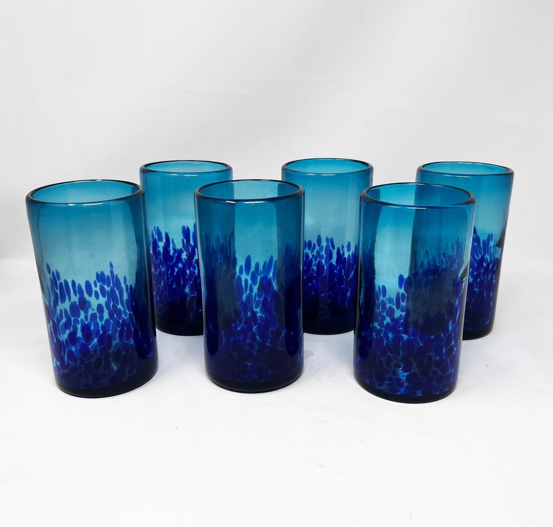 6 Mundgeblasene Mexikanische Trinkgläser – 266 Ml, Aqua Rim, Handgefertigt