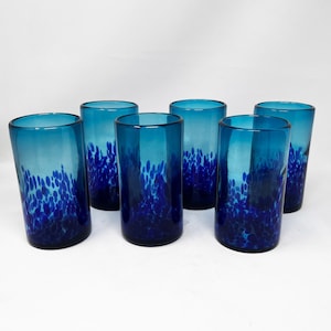 6 Hand Blown Water Glasses - Turquoise Deep Sea Base