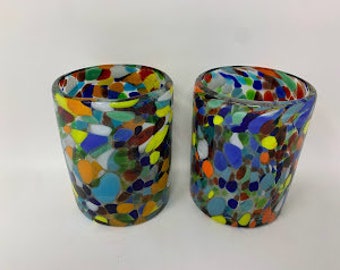 2 Hand Blown Low Ball Glasses - Clear Confetti