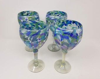 4 Hand Blown Wine Glass - Aegean Blue Iridescent
