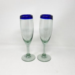 2 Hand Blown Champagne Glasses - Cobalt Blue Rim