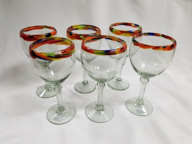 6 Hand Blown Wine Glasses Confetti Rim Etsy