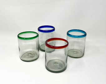 4 Low Ball Tumbler Glasses -  Multi Colored Rims