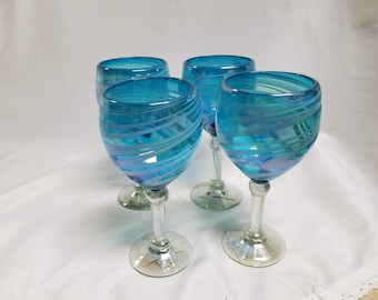 4 Hand Blown Wine Glass - Turquoise/White Iridescent Swirl