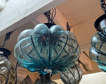 Handgeblazen glas ijzer pompoen lichthanger - turkoois
