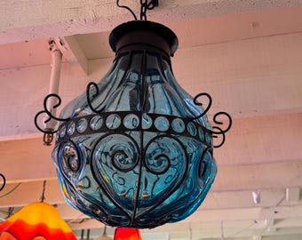 Handgeblazen glazen ijzeren druppelvormige hanglamp - turkoois