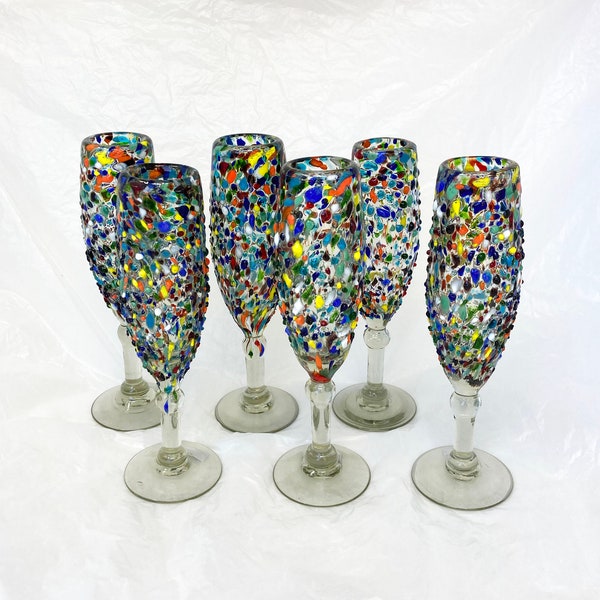 6 Hand Blown Champagne Glasses - Rainbow Graniti
