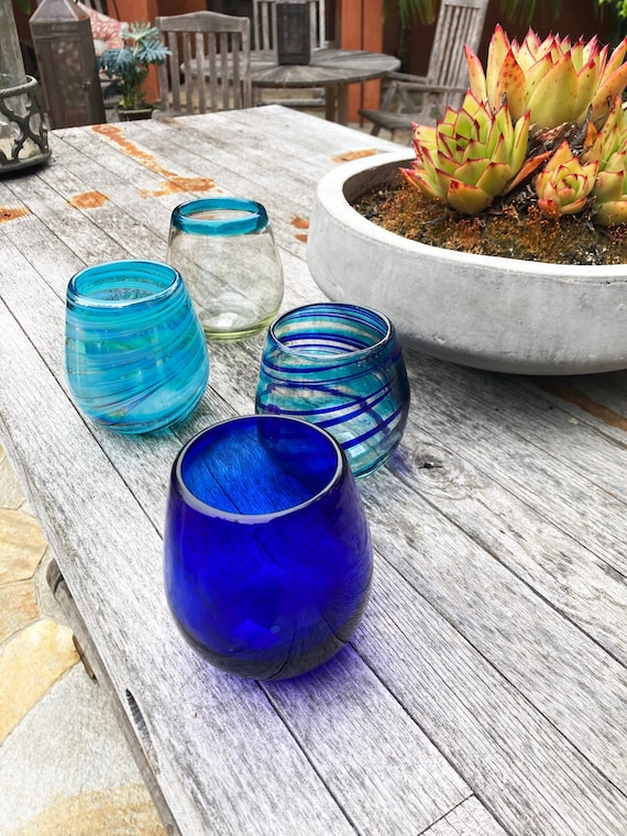 4 Hand Blown Stemless Wine Glasses - Blue Swirls Collection - Etsy