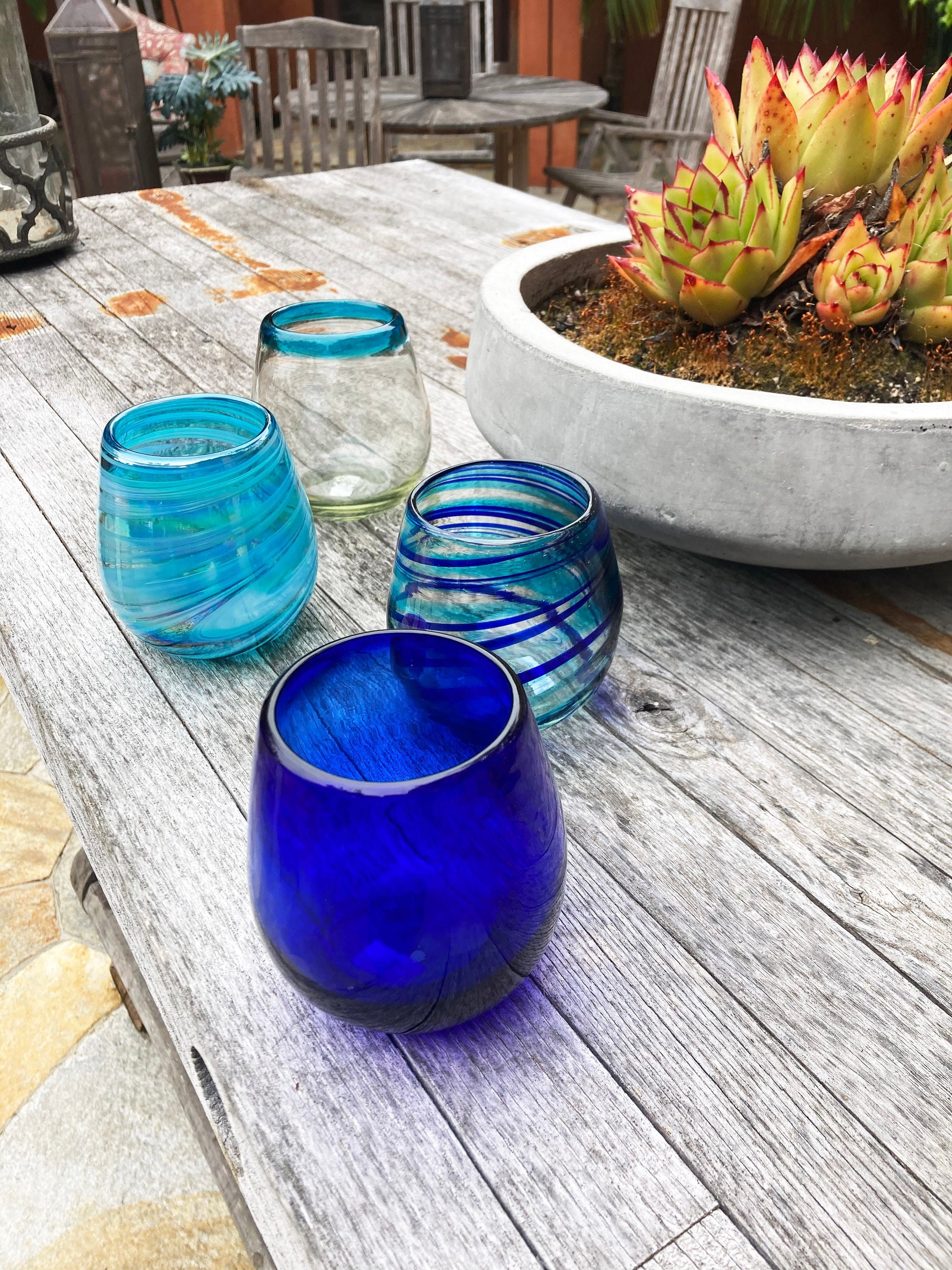Blue Stemless Wine Glasses. Hand Blown Cocktail Drinking Glass