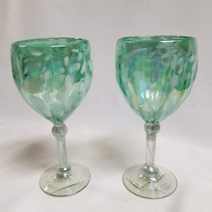 2 Hand Blown Wine Glasses - Aegean Green