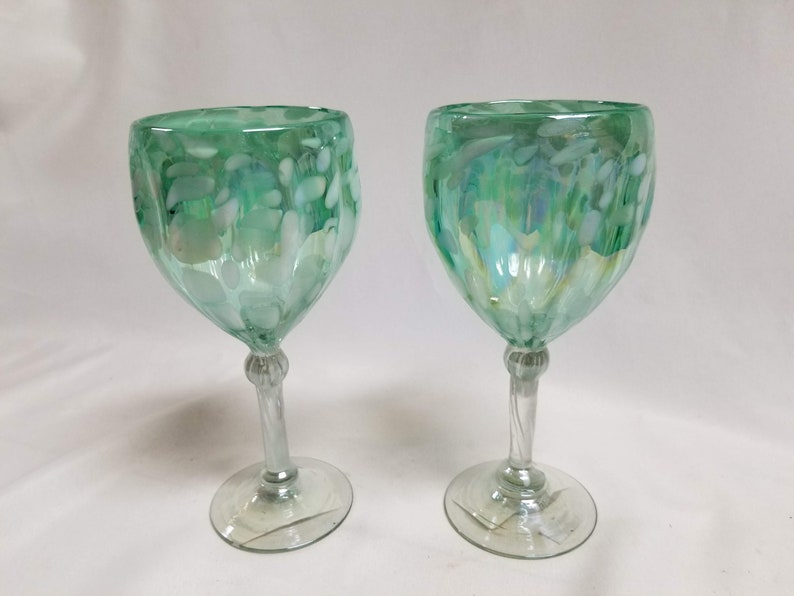 2 Hand Blown Wine Glasses Aegean Green Etsy