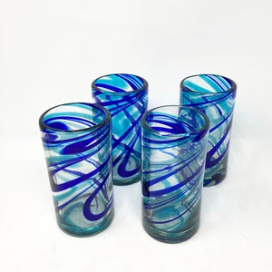 4 Hand Blown Water Glasses - Turquoise/Blue Swirl