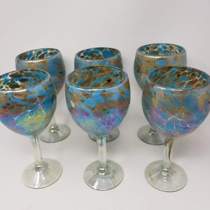 6 Hand Blown Wine Glasses - Blue Chocolate Iridescent Confetti