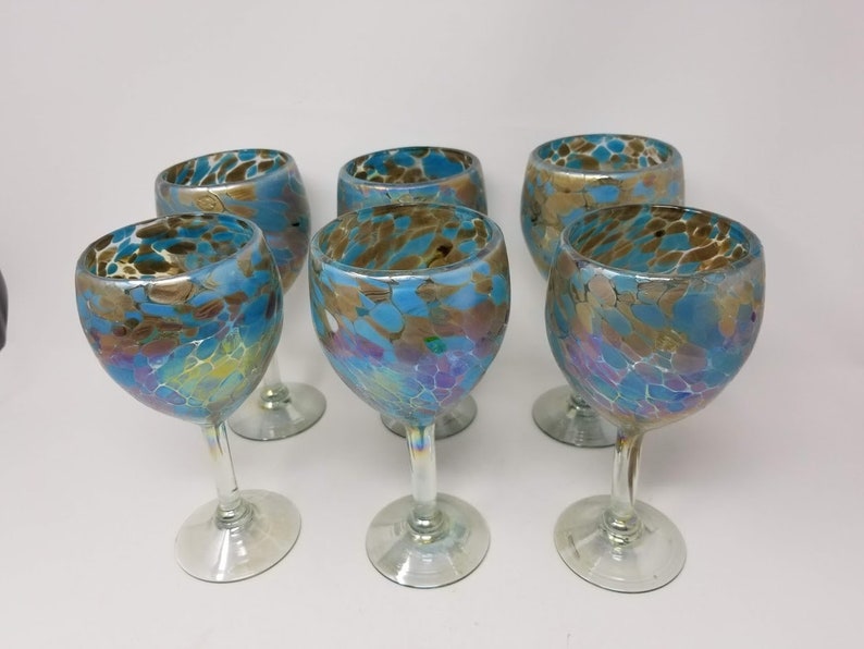 6 Hand Blown Wine Glasses Iridescent Blue and Chocolate Etsy