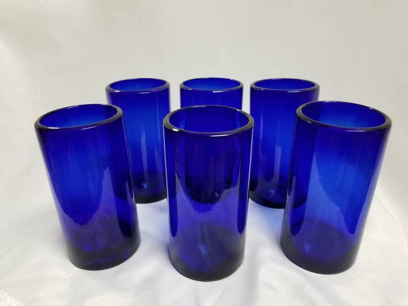6 Hand Blown Water Glasses Solid Blue Etsy
