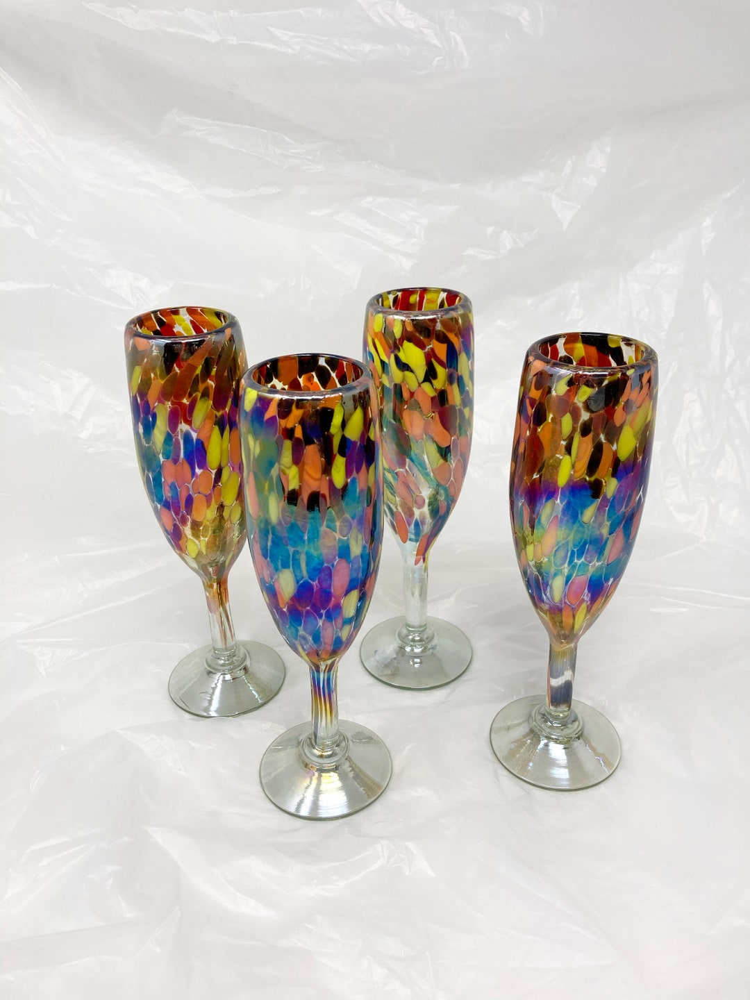 4 Hand Blown Champagne Glasses Red/orange Iridescent Confetti Etsy