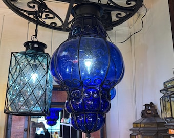 Handgeblazen glas Iron Genie-lichthanger - blauw