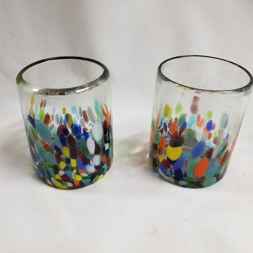 4 Hand Blown Low Ball Tumbler Glasses Confetti Base Etsy