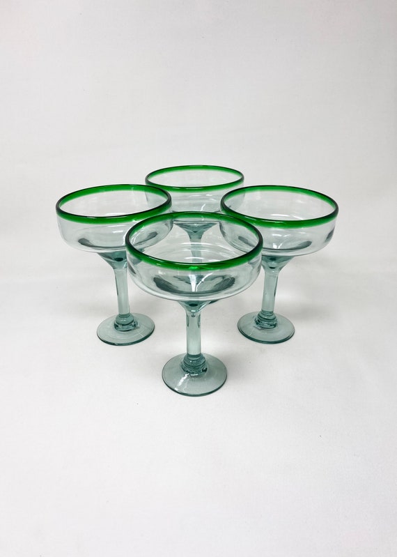 4 Mundgeblasene Margarita Gläser - Grüner Rand