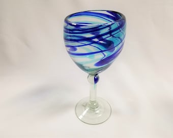 3 Hand Blown Wine Glass - Turquoise/Blue Swirl