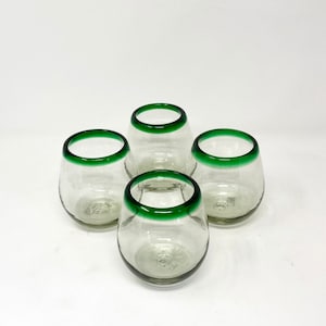 4 Stemless Wine Glasses -  Green Rim