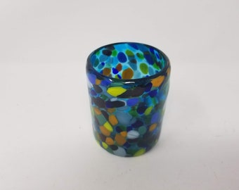 1 Hand Blown Low Ball Tumbler Glass - Turquoise Confetti