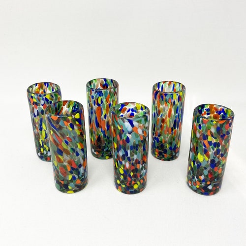 6 Hand Blown Shot Glasses - Clear Graffiti Confetti