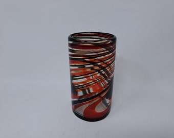 3 Hand Blown Water Glasses - red/chocolate swirl, white graniti iridescent, and white iridescent swirl