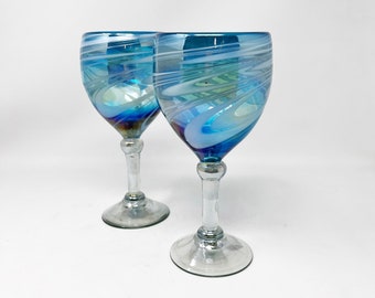 2 Hand Blown Wine Glasses - Turquoise and white swirl