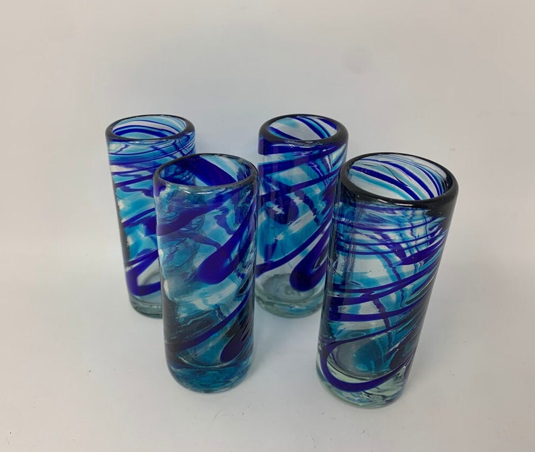4 Hand Blown Shot Glasses Turquoise/blue Swirl Etsy