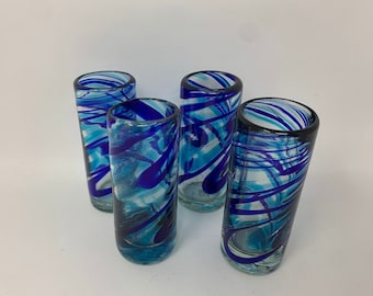 4 Hand Blown Shot Glasses - Turquoise/Blue Swirl