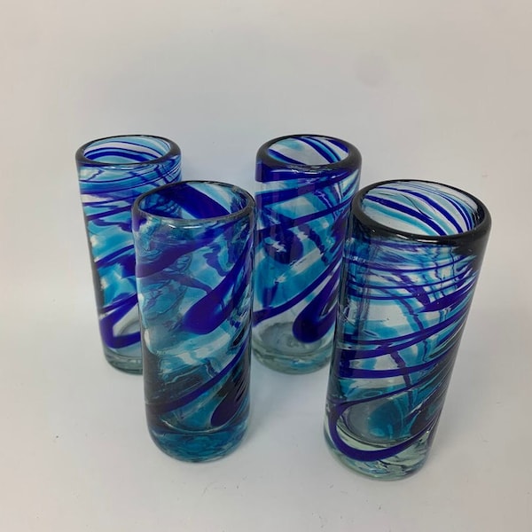 4 Hand Blown Shot Glasses - Turquoise/Blue Swirl