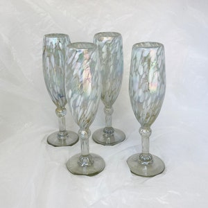 4 Hand Blown Champagne Glasses - White Lustre