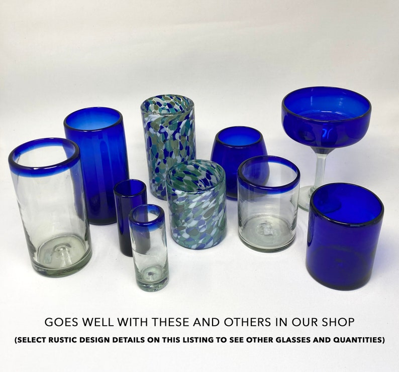 Blue and Teal Confetti 6 Hand Blown Low Ball Tumbler Glasses